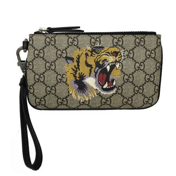 Gucci Beige Tiger Black Pouch ID Animalier Leather Supreme GG - Picture 1 of 6